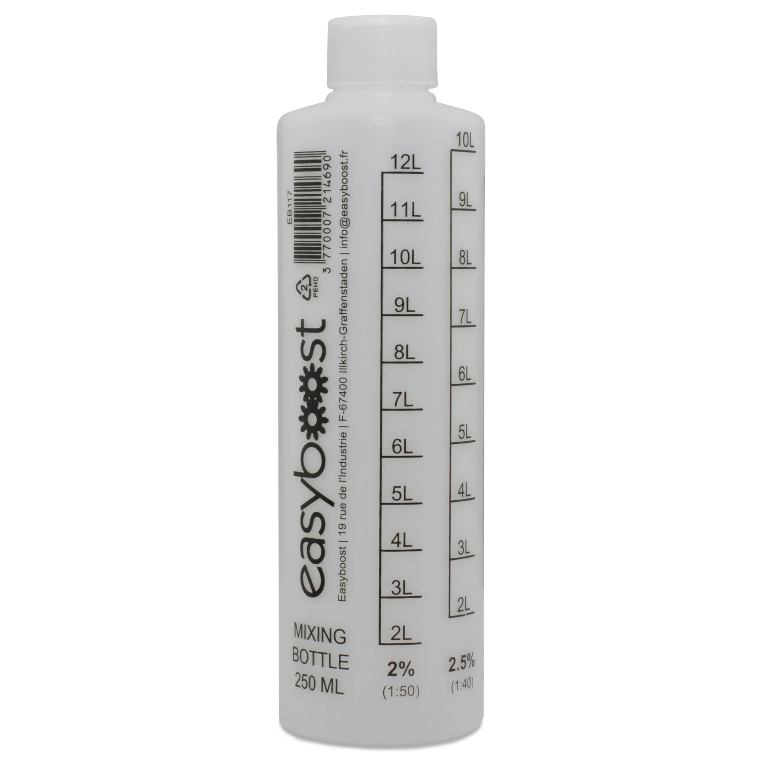 Easyboost 2 Stroke Oil Fuel Mixing Bottle with Cap 1:50-1:40-1:33-1:25-1:20-1:17 250ml Petrol Gas Measuring Jug for Motorcycle Scooter Vespa Quad Brush Cutter Cross MX Chainsaw Lawnmower (1 bottle)