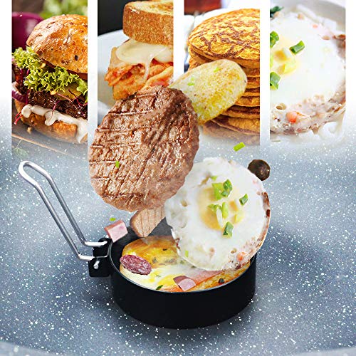 Non-Stick Egg Rings with Folding Handles, Round Pancake Mold Shaper Circles, Egg Fry Ring Set for Fried Egg McMuffin Sandwiches Breakfast, with Oil Brush Finger Clip and Dishcloth