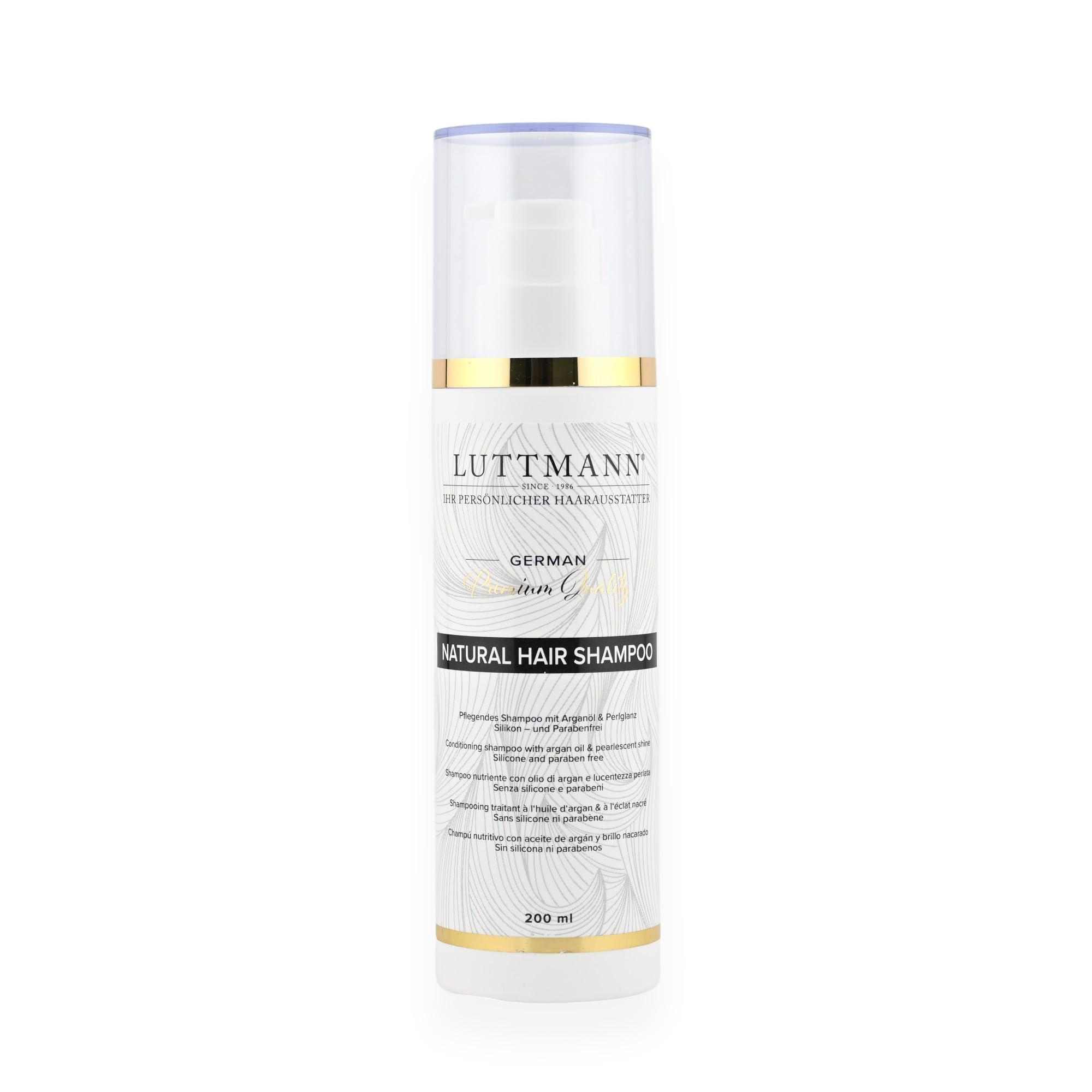 LUTTMANN Natural Hair Shampoo 200ml - Wigs, Hairpieces & Extensions - Intensive Cleaning - Silicone & Paraben Free - Argan Oil & Shea Butter - Made in Germany