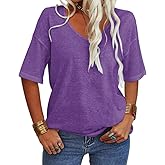 Danedvi Women Fashion V-Neck Half Sleeves Oversized T Shirt Solid Casual Loose Basic Tops