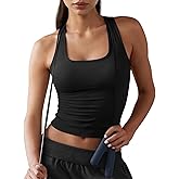 Fisoew Womens Square Neck Sleeveless Tank Top Built-in Bra Racerback Tank Fitted Y2K Basic Workout Crop Tops