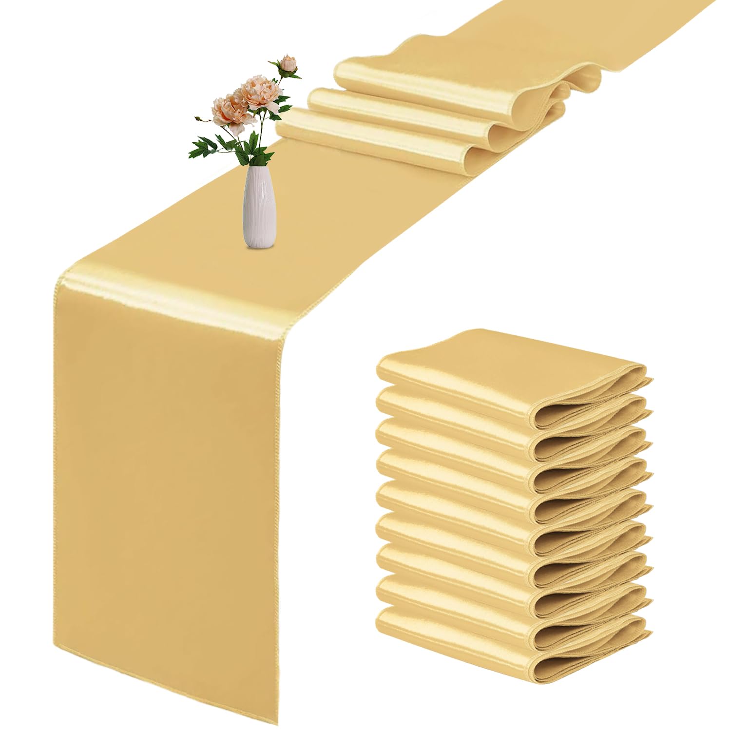 Photo 1 of 10 Pack Satin Table Runner 12 x 108 Inch Long Light Gold Smooth Silk Fabric Table Runner for Birthday Parties Wedding Banquets Decorations.
