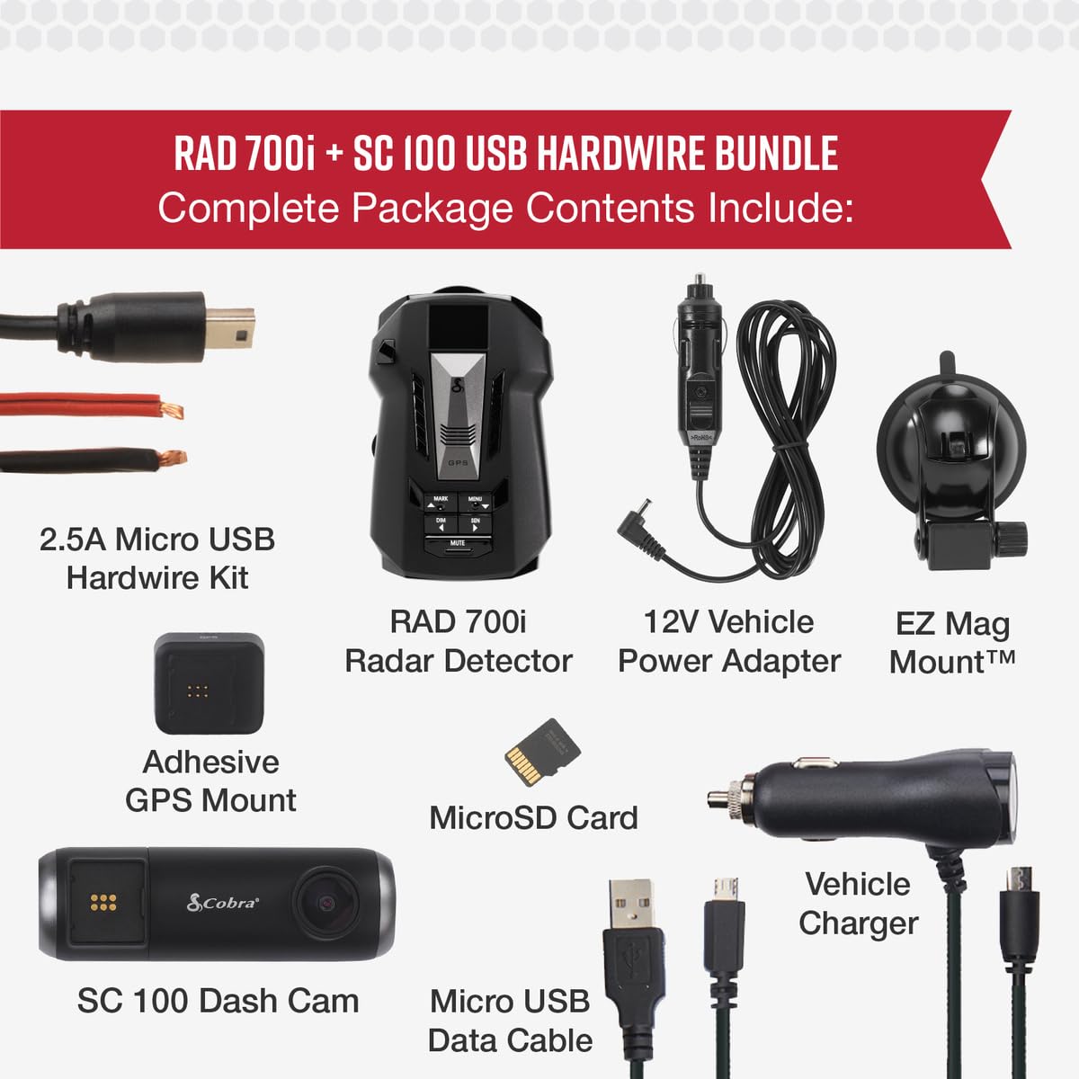 Cobra RAD 700i Laser Radar Detector & SC100 Smart Dash Cam + 2.5A Micro USB Hardwire Kit for Dash Cams: Long Range Front and Rear Detection, DSP, Full HD 1080P Resolution, Built-in WiFi & GPS