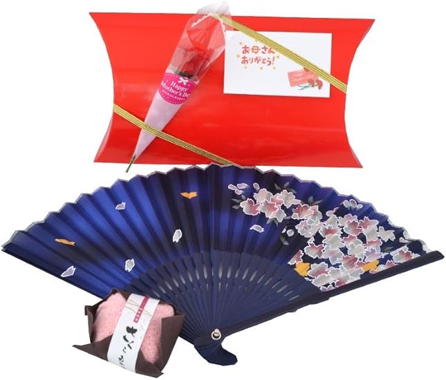 Amazon 母の日 ギフト ラッピング 紺色 扇子 セット 女性 桜の思い出 和菓子風 ハンカチ付 贈り物 プレゼント 服 ファッション小物 通販