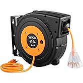 VEVOR Retractable Extension Cord Reel, 45 FT, Heavy Duty 12AWG/3C SJTOW Power Cord, with Lighted Triple Tap Outlet, 15 Amp Circuit Breaker, 180° Swivel Bracket for Ceiling or Wall Mount