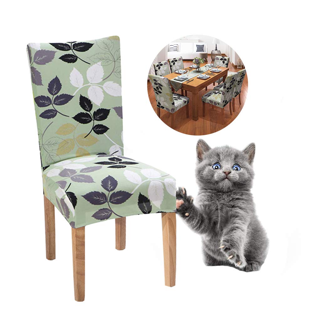 JunYito Stretch Dining Chair Covers Slipcovers Top Chair Protector for Dining Room Hotel Ceremony Banquet Wedding Party Décor (J-Green Leaf, 6 Pcs)