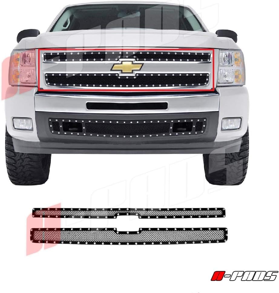 A-PADS 2PC Black Upper Main STEEL Mesh Grille With Silver Rivets for Chevy SILVERADO 1500 2007-2013 - OVERLAY