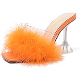 LIURUIJIA Women's Feather High Heeled Mules Slip On Sandals Square Toe Bridal Wedding Party Shoes Fuzzy Fluffy Sexy Clear Heels