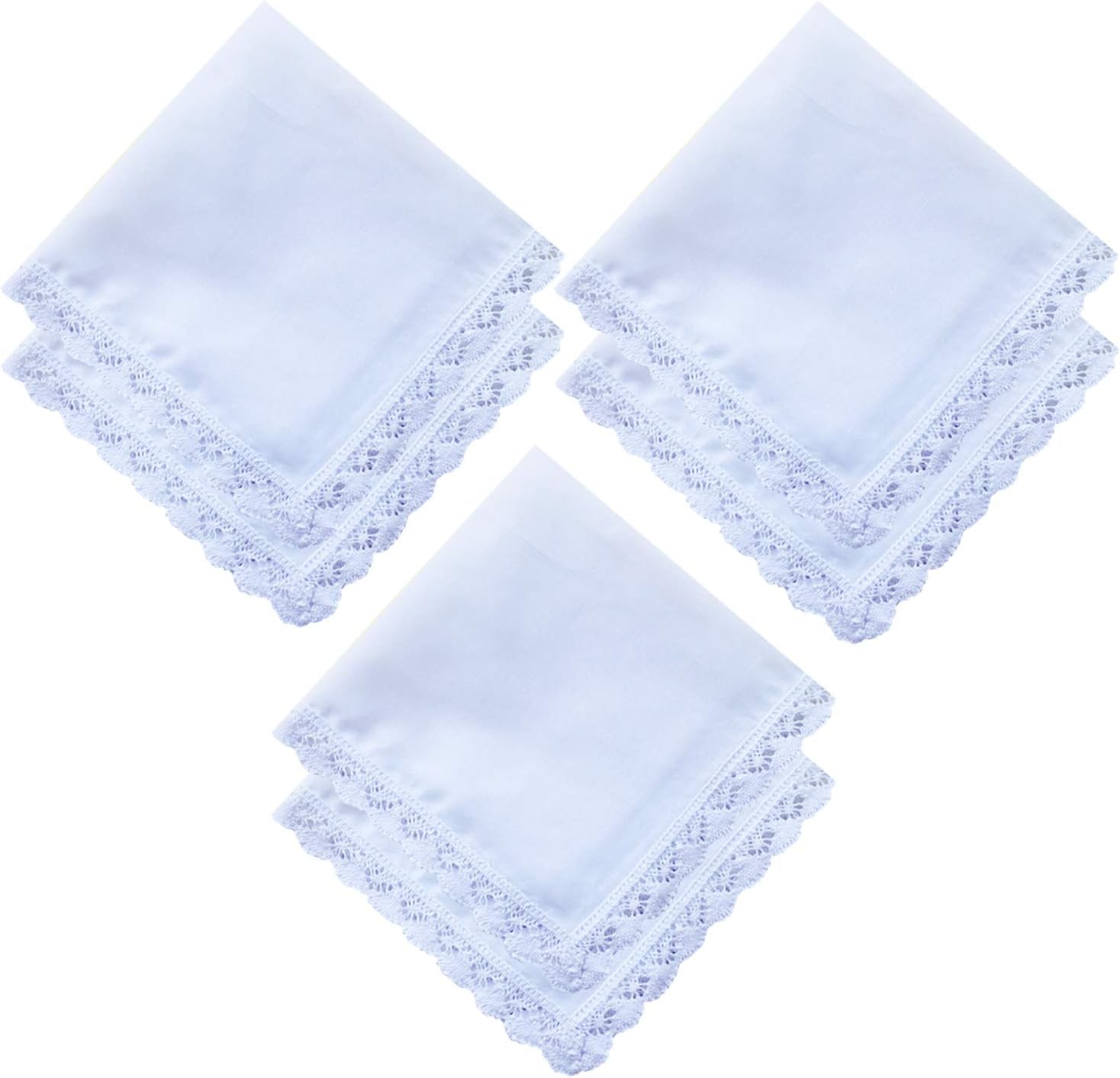6 Pack of Ladies Embroidery Cotton Handkerchiefs Lace Border White Hankies