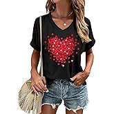Valentines V Neck T-Shirt for Women Love Heart Short Sleeve Tee Casual Couple Tops Blouse