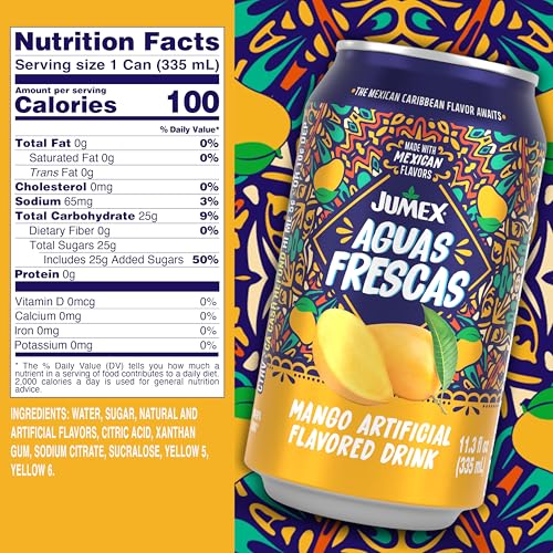JUMEX AGUAS FRESCAS MANGO – CLASSIC MEXICAN SOFT DRINKS – MANGO DRINK FOR COCKTAIL MIXERS & MEXICAN FOOD – TROPICAL FRUIT FLAVORED WATER – NON CARBONATED NON ALCOHOLIC BEVERAGES – 11.3OZ, 24 PACK