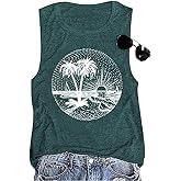 Summer Beach Tank Tops for Women Funny Cute Sunshine Coconut Tree Graphic Tee Shirt Hawaiian Family Vacation Tops