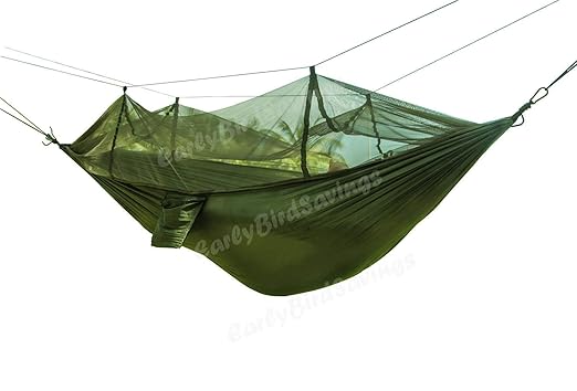 Earlybird Savings 245 x 135cm Armee-Grün Tragbare Parachute Nylongewebe -Swing-Bett mit Moskitonetz Hängematte für Outdoor Ca