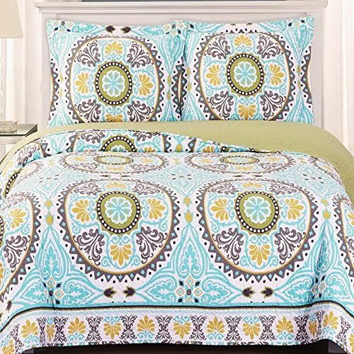 Coverlet Quilt Shams Set Twin/Xl Twin Size Extra Long Single Bed Mandala Medallion Geometric Print Pattern Light Blue Aqua Modern Lightweight Reversible Hypoallergenic Oversized Bedding