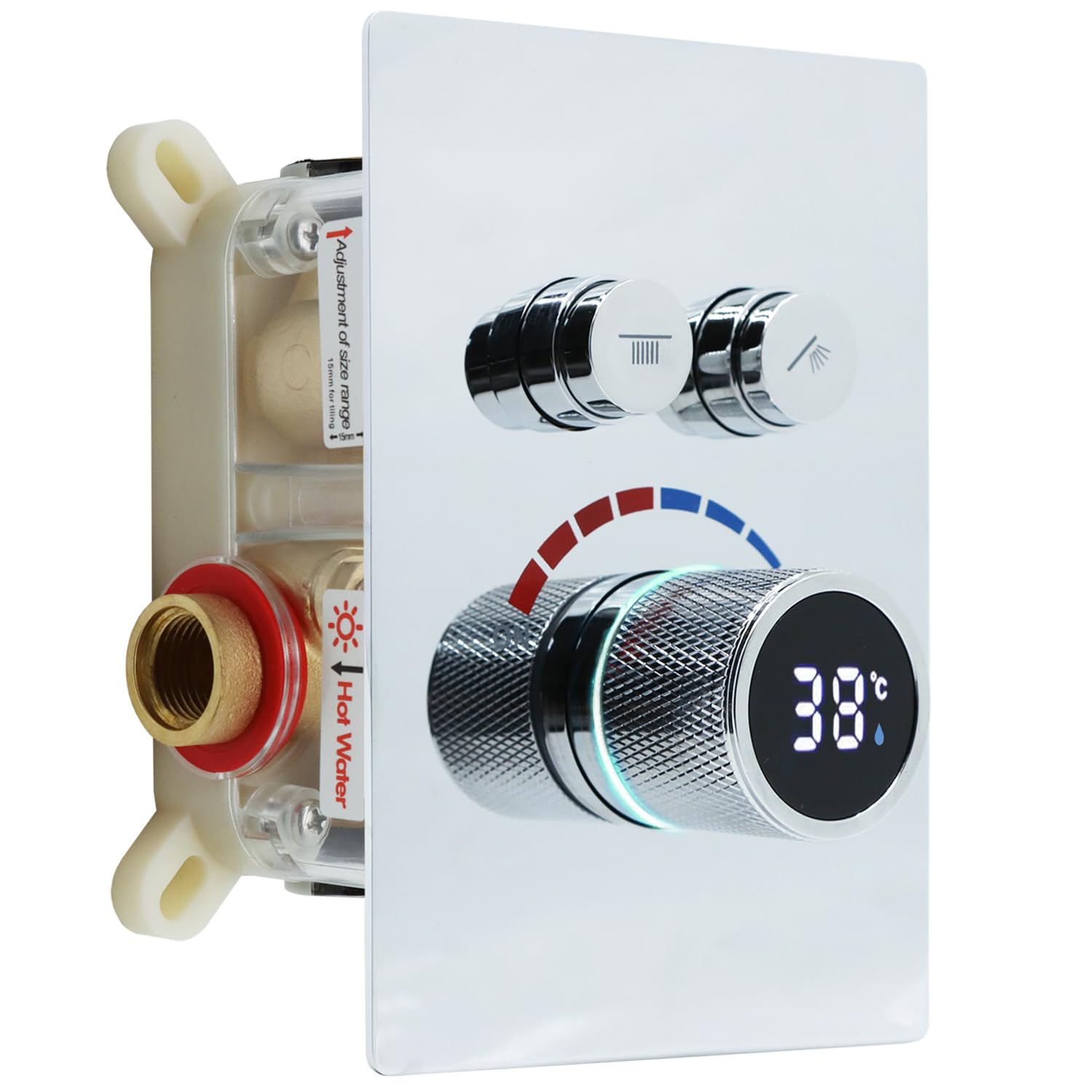 Delnet Solid Brass Shower Mixer Valve, Concealed 2 Way Outlet Digital Display Diverter Valve, Can Use All Options at A Time, Chrome
