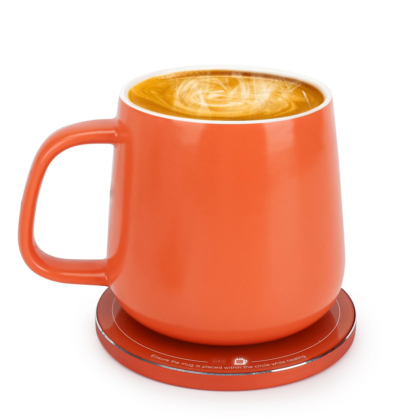 Photo 1 of APEKX Self-Heating Ceramic Coffee Mug - Stable 130°F Temperature, 15W Wireless Phone Charging, 12.8 fl oz Capacity - USB-C Enabled. (Tangerine)