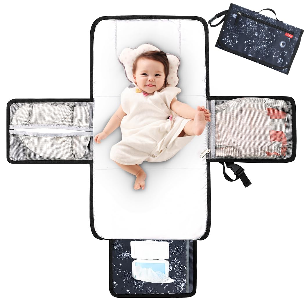 Lekebaby Portable Nappy Changing Mat Travel Baby Change Mat with Wipe-Pocket and Head Cushion, Galactic