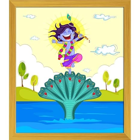 Artzfolio Krishna Janmashtami Canvas Painting Golden Wood Frame 12