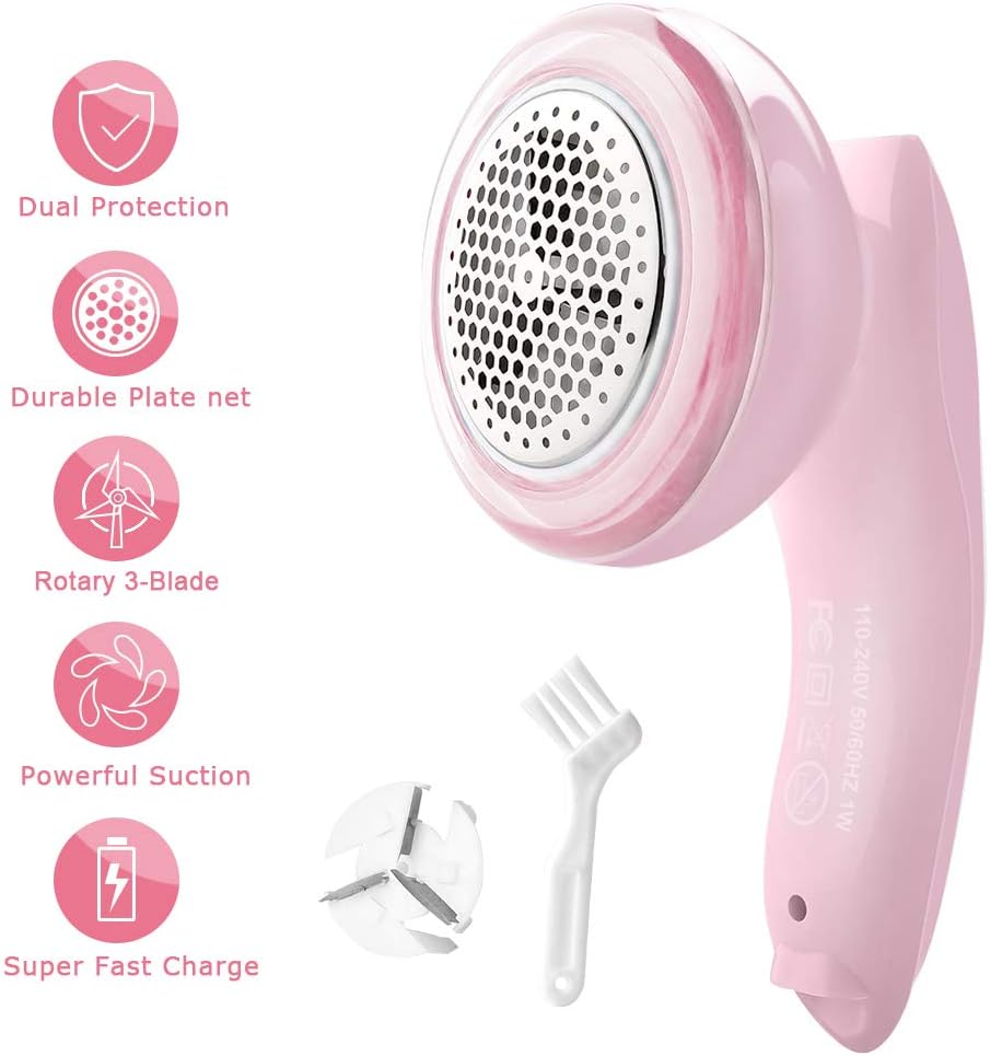 Fabric Shaver Defuzzer,Electric Lint Remover, Rechargeable Sweater Shaver with Replaceable Stainless Steel Blades, Dual Protection, Easy Remove Fuzz, Lint, Pills, Bobbles (Pink)