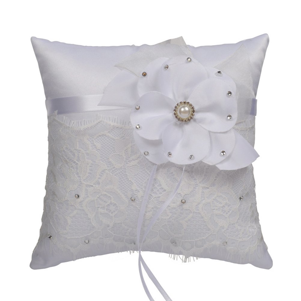 BESTOYARD Wedding Ring Pillow Cushion Bridal Lace Flower Crystal Pearl Decorated Ring Bearer Pillow 20x20cm