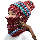 Ypser Women's Winter Warm Knitted Crochet Hat Fleece Lined Cable Faux Fur Pom Pom Beanie Hat Skull Cap