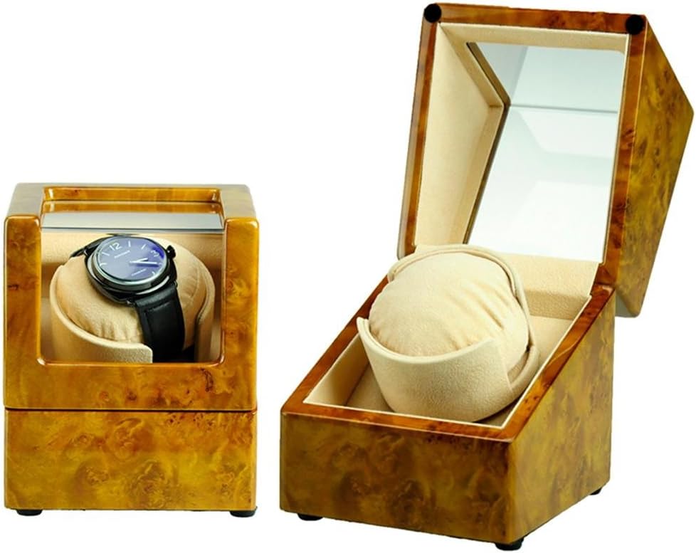 Pear Solid Wood Watch Winder Shaking Watch Box/Mechanical Watch Box Automatic Watch Motor Box 5 Dinds Of Rotation Procedures Handmade Production Perfect For 1 Location ,Wood Color , yellow flowers + camel color cashmere