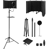 Moukey Microphone Isolation Shield with Pop Filter &amp; Tripod Stand, Foldable Mic Shield with Triple Sound Insulation, High Density Mic Sound Shield for Recording Studio, Podcasts, Singing, Broadcasting