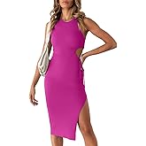 Valiamcep Women's 2023 Summer Sleeveless Midi Dress Crew Neck Waist Cut Out Split Slit Tank Dress Ribbed Bodycon Dress