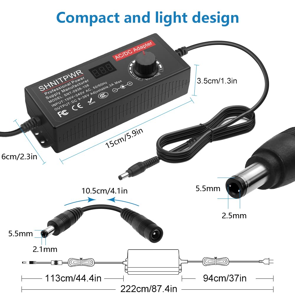 SHNITPWR Universal Power Supply Adjustable DC 24V 12V 9V 14V 19V 30V 36V AC Adapter Multi-Voltage 9V ~ 36V 3A 108W Power Adapter 100V~240V AC to DC Variable Power Converter 14 Tips 5.5x2.5mm