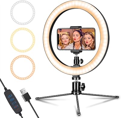 AIXPI 10 Inch LED Dimmable Desk Ring Light with Tripod Stand Phone Holder