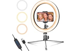 AIXPI Dimmable Desk Makeup LED Ring Light 10" with Tripod Stand & Phone Holder for Live Streaming & YouTube Video, Photography, Shooting with 3 Light Modes & 10 Brightness Level