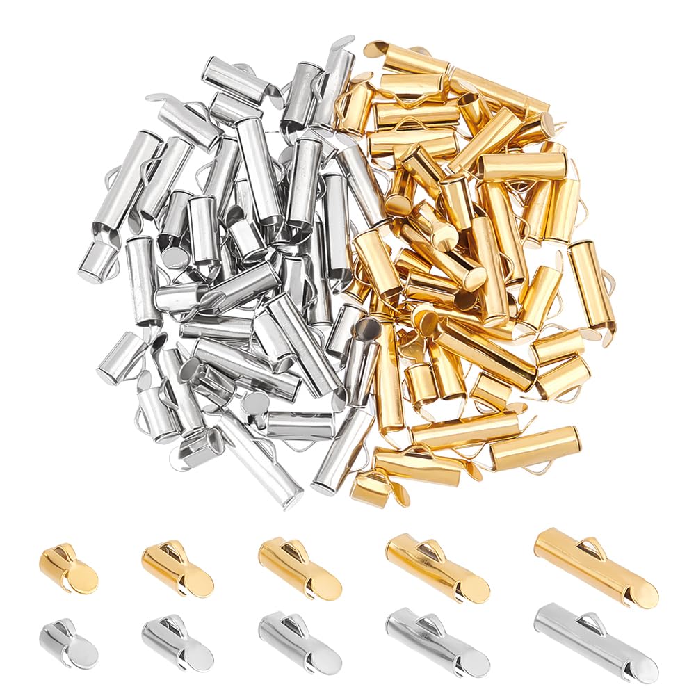 UNICRAFTALE About 100 Pcs 5 Sizes 2 Colors Stainless Steel Slide On End Clasp Tubes Slider End Caps Crimp End Tube Slider Clasp for Seed Beads Necklace Bracelet Jewelry Making Clasps