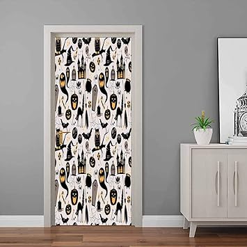 Amazon Com Vintage Halloween Door Wallpaper Sticker Halloween Cartoon Jack O Lantern Tombstone Skulls And Bones Wrap Murals Wall Stickers Light Grey Multicolor 3d Pvc Removable 36 W X 79 H Baby
