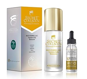 Secret Collagen Multi Vitamin E, A & C Hydration Daily Moisturizer 50ML & 50X Apple & Grape Stem Cell Age Defying Concentrate 30 ML (Bundle)