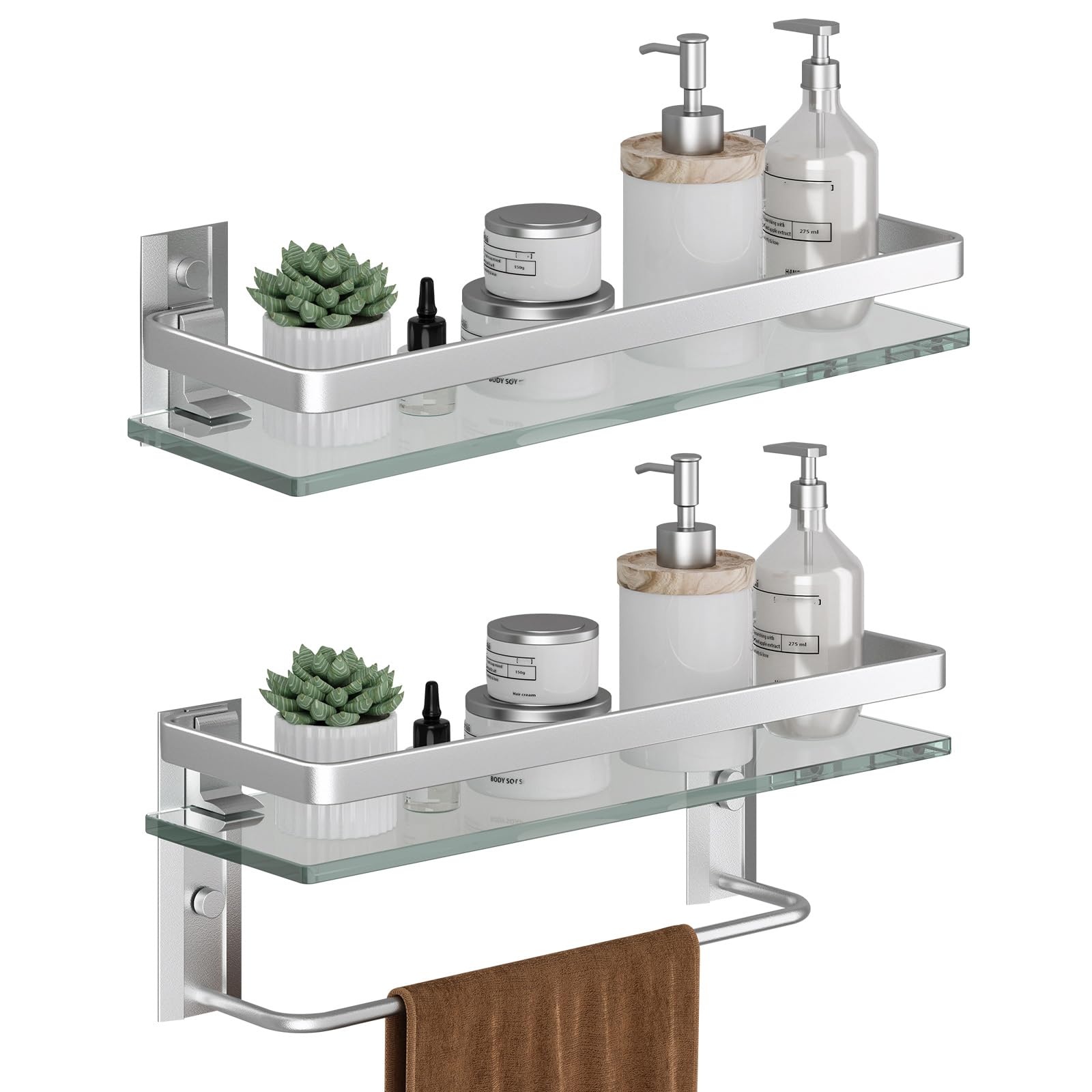 Photo 1 of Danpoo Bathroom Shelves Wall Mounted, Clear Tempered Glass Shelf with Towel Bar, Hand Towel Holder(Matte Silver)