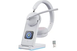 Dytole Wireless Headset with Mic for Work-Bluetooth 5.3 Headset with Noise Cancelling, Wireless Headsets with 65Hrs Battery & 10Min Fast Charge, Smart Dock with Digital Display for PC/Computer White
