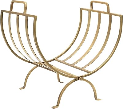 Ivyline Linear Log Basket Brass Curved Design Handles Fireplace Wood Cradle