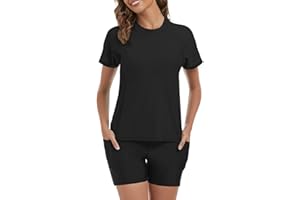 Tournesol Women's Rash Guard 2 Piece Short Sleeve Swim Shirt with Shorts Swimsuit with Bra Bathing Suit Plus Size with Pocket