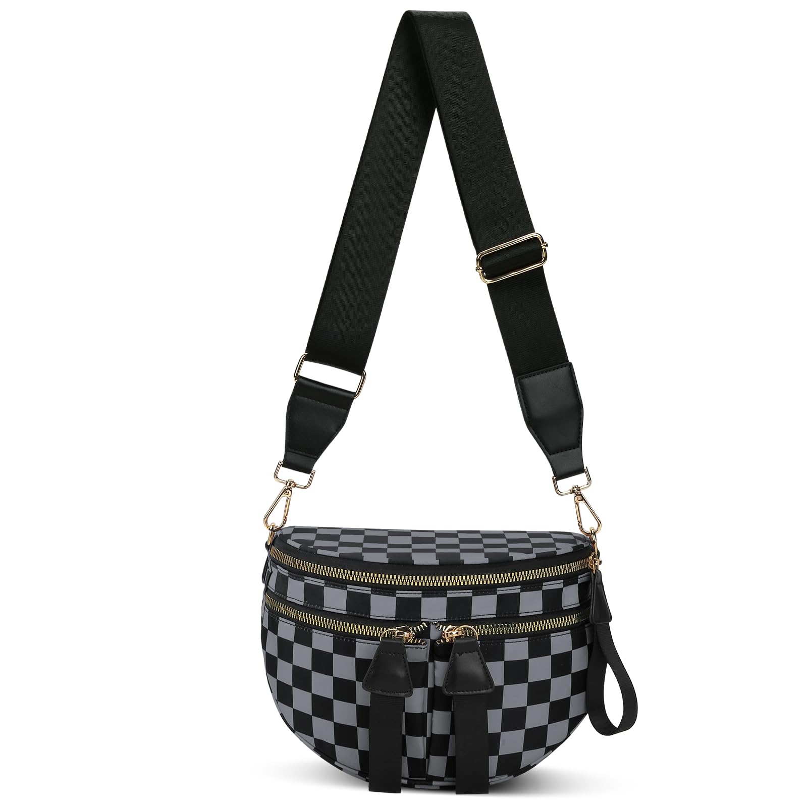 Photo 1 of JQWYGB Bum Bag Checkered Crossbody Bags for Women Nylon Double Pockets Checkerboard Fanny Pack Fashion Sling Bag
