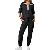 Dokotoo 2 Piece Sets for Women Summer Lapel V Neck Short Sleeve Tops Long Pants Tracksuit Lounge Jogger Set with Pockets