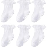 Witwot 6 Pairs Toddler Ruffle Socks Baby Girl Non Slip Socks White Sock with Grip Size 6M-5T
