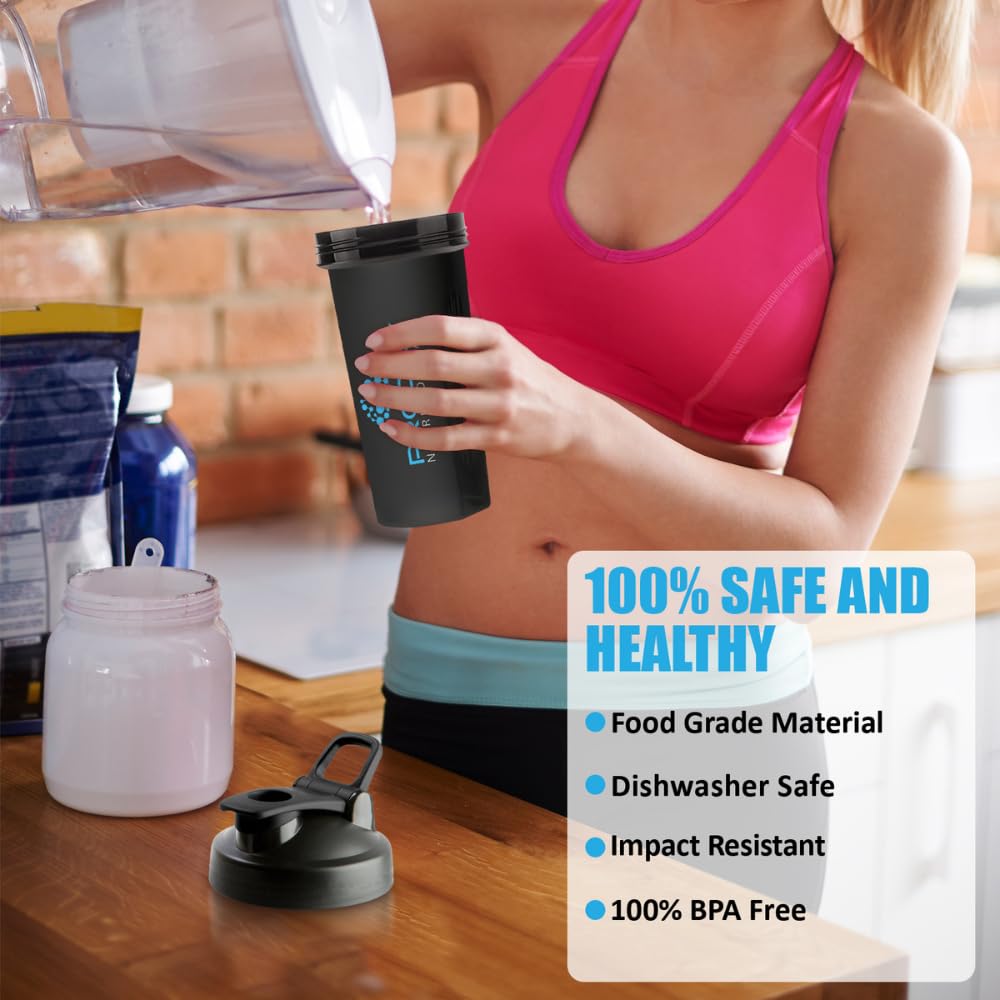 Protein Shaker 20oz Large Shaker Bottle Perfect for Workout Supplements, Protein powder, Sports drinks, BCAA'S, Meal Replacement, BPA Free, for Fitness Enthusiasts Athletes - Black