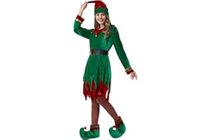 AOTIOOY Elf Costume for Women, Deluxe 5 Pcs Christmas Green Elf Velvet Dress Adult Outfit, Xmas Fancy Holiday Party Cosplay Suit