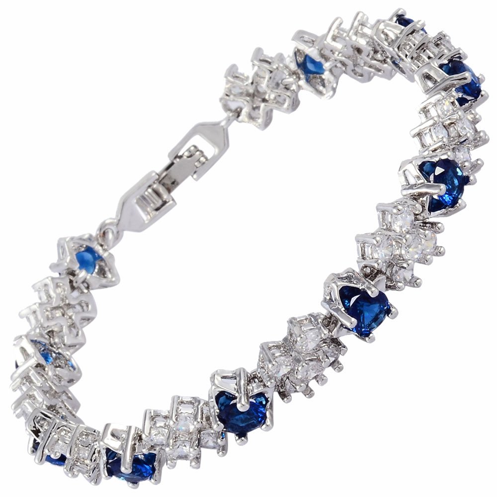 RIZILIA Tennis Bracelet [18cm/7inch] with Round Cut Gemstones CZ [Blue Sapphire] in 18K White Gold Plated, Simple Modern Elegance