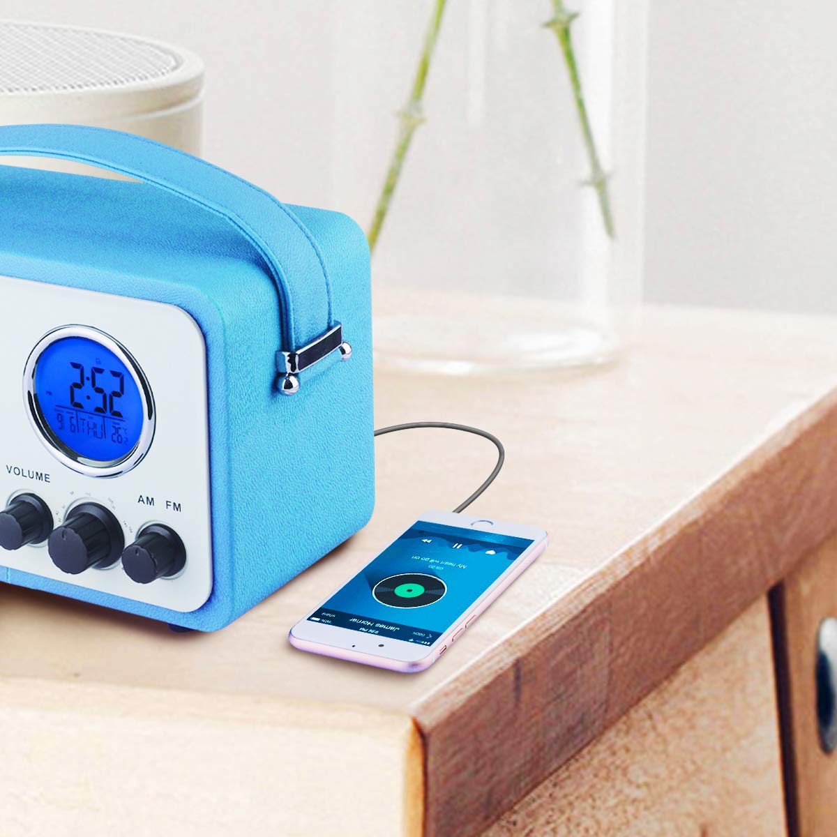 Retro AM/FM Radio, Portable Alarm Clock Radio with LCD Screen, External Antenna, Wooden Speaker Blue Leather Cover(Blue)