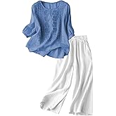 Hutianyue 2 Piece Outfits for Women Summer Dressy Casual Boho Embroidered Tops Capri Pants Linen Sets for Women 2 Piece