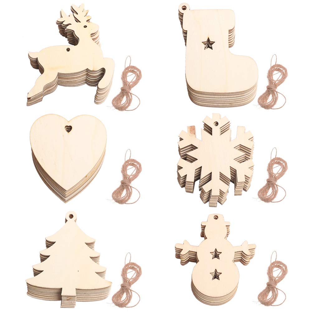 60 Pieces Wooden Baubles Wooden Christmas Decorations Natural Wood Slices Paintable Christmas Ornaments Pendant for DIY Crafts Christmas Tree Decorations Xmas Holiday Hanging Decorations