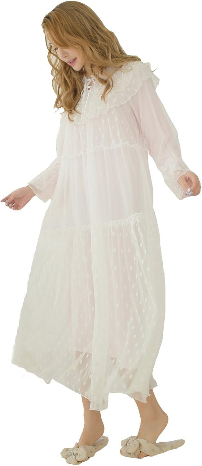 Amazon Yierlee レディース ルームウェア ワンピース パジャマ 春夏 部屋着 かわいい 長袖 ホワイト モダールレーヨン レース ルームワンピース ネグリジェ 通販