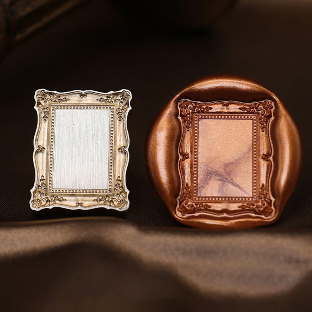 1PCS Wax Seal Stamp Head 1PCS Removable Wooden Handle,3D Embossed Rectangle Vintage Texture Brass Head Wax Stamp Retro Photo Frame Wax Seal Stamp Kit For Card Envelope Wedding Invitations Scrapbooking