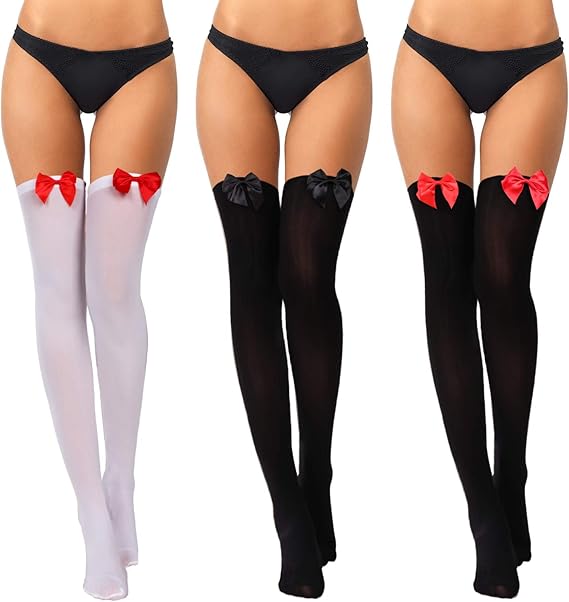 3 Paires Bas Haut De Cuisse En Dentelle Avec Nœuds Papillons De Femmes Chaussettes Hautes De Genou Pour Faveurs De Robe Quotidienne